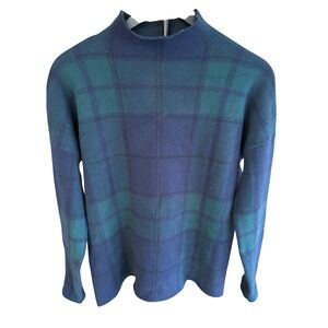 Tahari Plaid Mock Neck Long Sleeve Pullover Sweater Women Green Blue Cozy